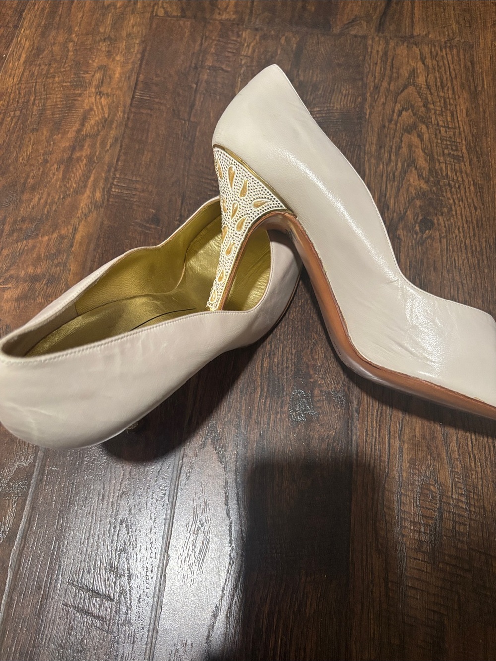 Bruno Magli Cream Pumps with Gold Lace-Detail Heel